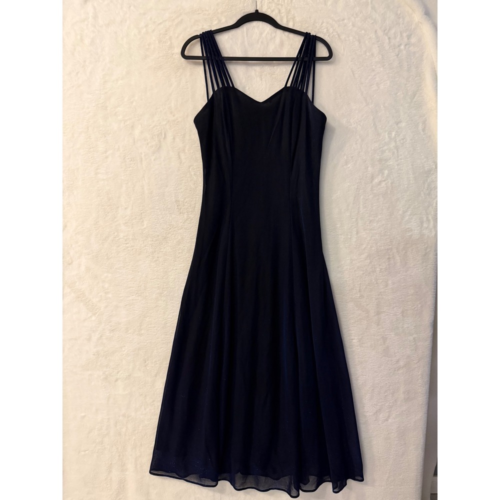 Molly Malloy Evening Dress Womens 10 Navy Blue Shimmer Multi Strap Midi Formal